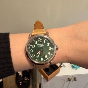 Shinola Green Runwell Watch With Light Tan Leather Strap